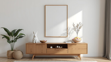 A modern Easter living room composition with a mock up poster frame as the focal point above a sleek wooden sideboard, styled with an Easter bunny ornament, a decorative bowl of colorful eggs
