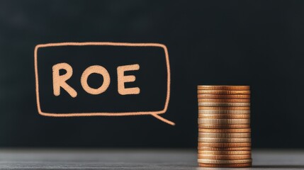 Return on equity concept. The word "ROE" and a growing coin stack. Financial ratios and business growth. Investment in the stock market. A strong and stable company.