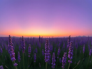 Lavender Field Sunset Purple Flowers, Sky, Orange and Pink Hues, Nature's Beauty, Calm Scene.