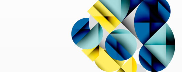 Modern abstract composition with layered circles and angular segments featuring gradients, transparency effects, and a structured geometric layout