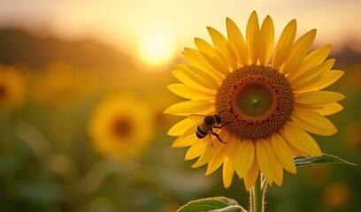 Golden hour sunlight bathes a vibrant sunflower field a busy bee delicately gathers pollen. AI Generated