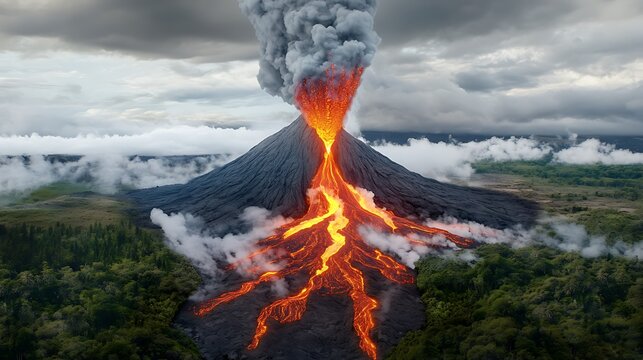 Stunning aerials of erupting volcano fiery lava flow in natural landscape for enthusiasts