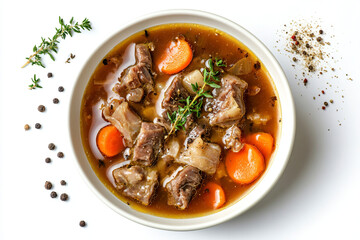 a bowl of stew with carrots and herbs