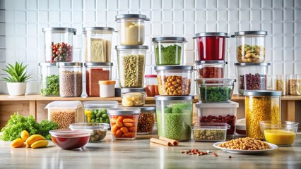 Organized Display of Clear Kitchen Storage Containers for Food