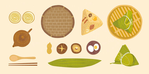 Top view of zongzi and ingredients for Dragon Boat Festival