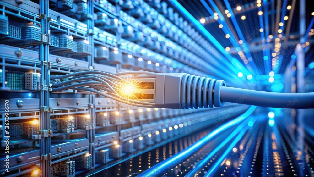 Poster high-speed network cable plugged into data hub with glowing connections