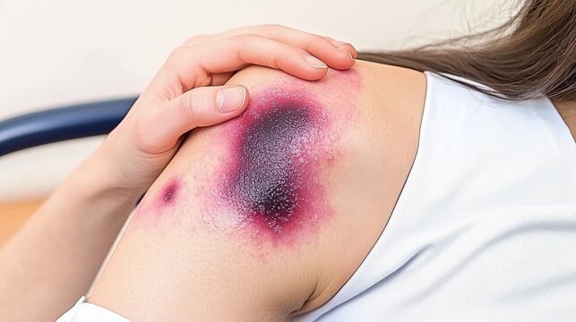 Young woman with a red and purple sprained or burned shoulder at a doctor's office. Skin in pain. A large, purple-black scab on the shoulder area. Bruise