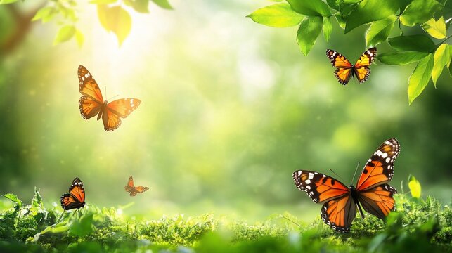 Butterflies flying in sunlit forest. Spring nature background