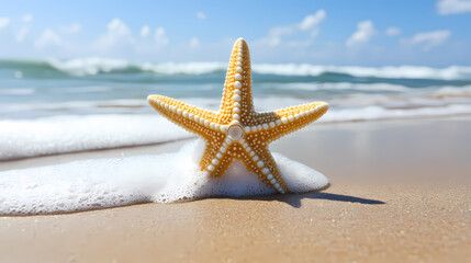 Golden Starfish on Sandy Beach