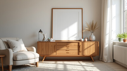 A cozy Easter living room interior featuring a wooden sideboard adorned with a blank mock up poster frame