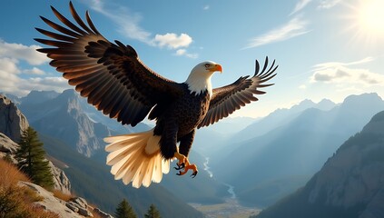 Obraz premium A Majestic Eagle with Wings Spread Wide, Soaring Over a Mountain Landscape 