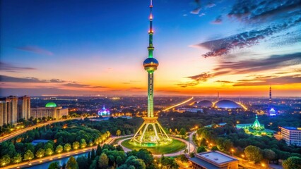Obraz premium Illuminated Television Tower Against Vibrant Sunset Sky Background