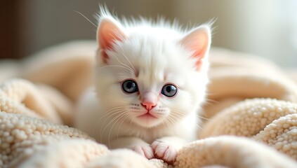 Obraz premium A Cute and Fluffy White Kitten Sitting in a Soft Blanket, Looking Curious and Innocent 