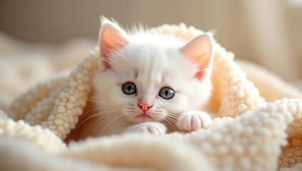 Obraz premium A Cute and Fluffy White Kitten Sitting in a Soft Blanket, Looking Curious and Innocent 