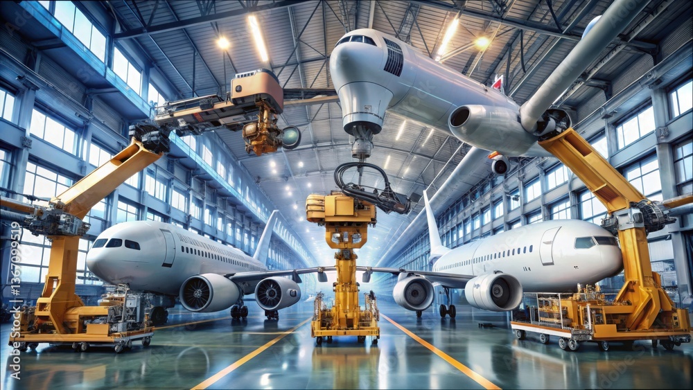Poster robotic arms working on aircraft components in modern factory