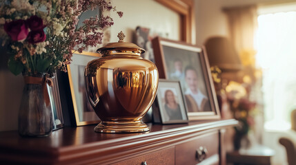 Golden cremation urn with family photos on wooden dresser