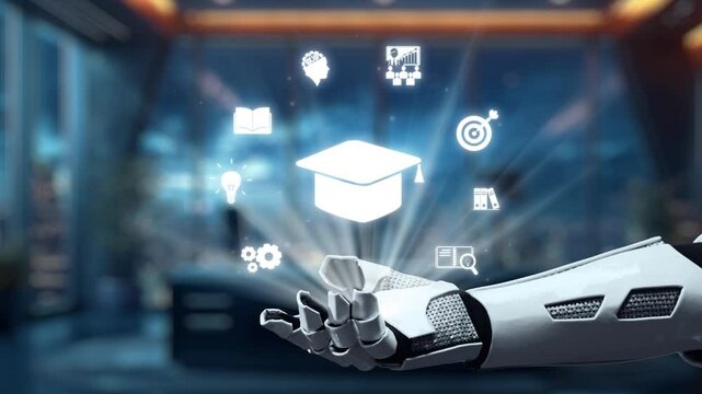 A robotic hand showcases various educational and technological icons in a sleek, modern workspace, emphasizing the intersection of learning and innovation in today digital age. Auvana