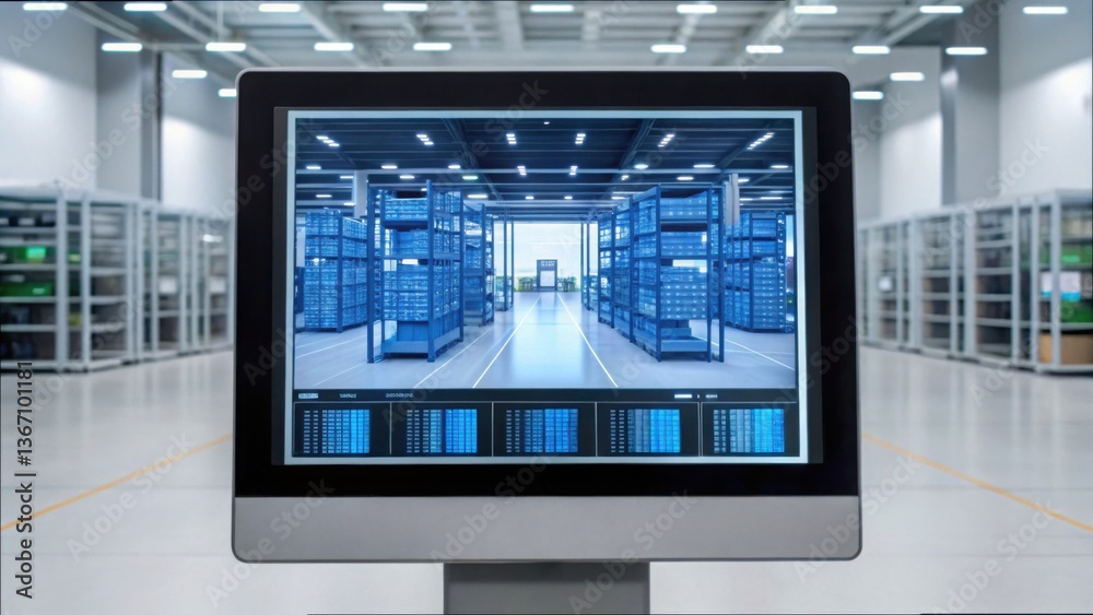 Poster Large Warehouse Simulation on Touch Screen Monitor Displaying Data