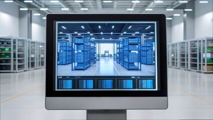 Fototapeta premium Large Warehouse Simulation on Touch Screen Monitor Displaying Data
