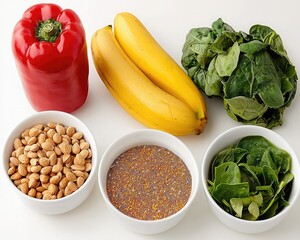 A vibrant assortment of fresh produce including a red bell pepper, bananas, nuts, seeds, and leafy greens arranged in bowls.