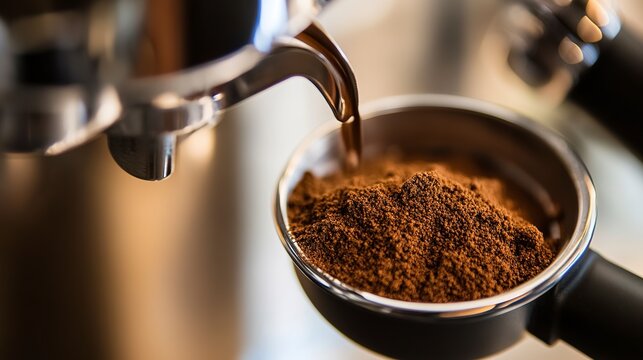 The rich, dark aroma of freshly ground coffee beans being expertly prepared for brewing, captured in a close-up shot with warm lighting.