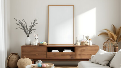 An elegant Easter living room composition with a mock up poster frame displaying cheerful illustrations, bringing a creative element to the space