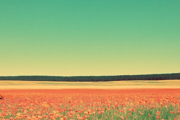 Obraz premium Serene Field of Flowers Under an Aquamarine Sky Landscape a Peaceful Meadow Scenery in Nature
