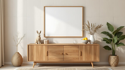 An inviting Easter living room setup with a mock up poster frame positioned above a wooden sideboard, decorated with a hare sculpture, an elegant bowl of lemons, a rustic pitcher, a geometric cube