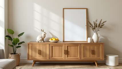A thoughtfully designed Easter living room interior with a wooden sideboard adorned with a blank poster frame