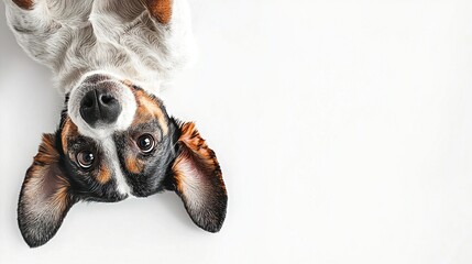 A playful dog hanging upside down with ears pointing up and eyes looking at the camera, isolated on a white background. Web banner with copy space on the right side.  
