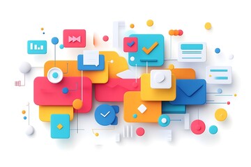 An abstract concept of digital customer loyalty programs, creatively using vibrant icons and digital elements to represent the building and nurturing of customer relationships