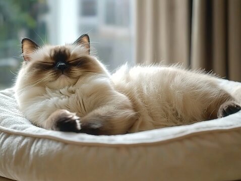 A relaxed Ragdoll cat lying on its back in a soft pet bed, eyes closed with a peaceful smile. Warm indoor lighting creates a cozy and tranquil atmosphere.  