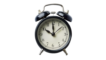 Daylight saving time. black alarm clock isolated on transparent background.