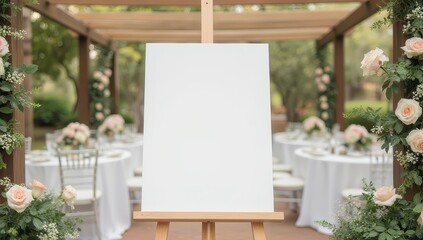 Blank Sign on Easel at Outdoor Wedding Reception