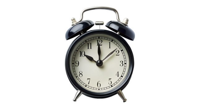 Daylight saving time. black alarm clock isolated on transparent background.