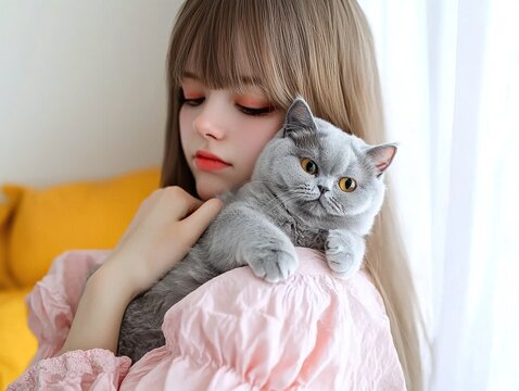 Young woman lovingly holding a gray cat in a bright home. Close-up portrait with soft lighting, high-quality image on a white background. 