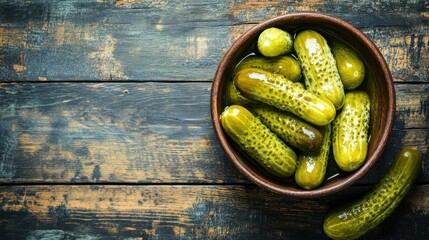 Pickles. Bowl of pickled gherkins (cucumbers) over rustic wooden background with copy space illustration