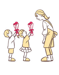 母の日にカーネーションの花束を渡す子ども