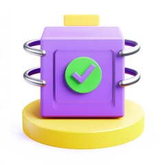 Obraz premium 3D render, checkmark icon, purple box, yellow base, isolated, white background