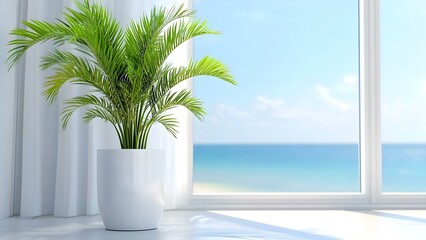 Fototapeta premium A potted palm plant beside a large window overlooking a serene ocean view and bright sky. Concept Indoor Plant Decor, Ocean View, Natural Light, Serene Ambiance, Coastal Vibes