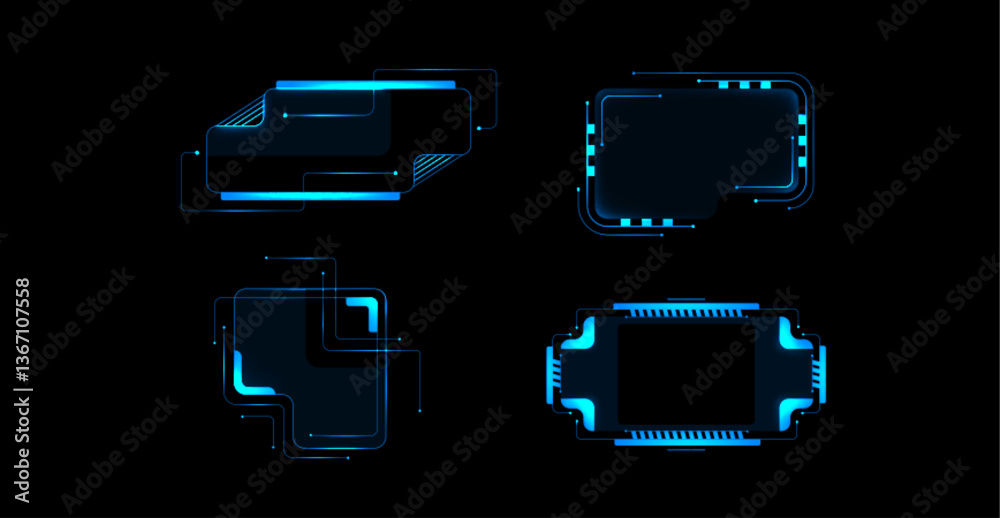 Poster cyberpunk hud frames and panels with futuristic neon blue glow. geometric shapes form hi tech screen