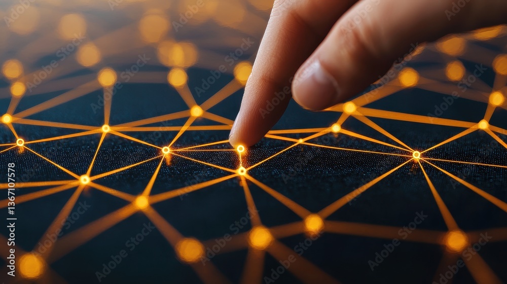 Poster close-up view of a finger touching a digital network connection with glowing nodes and lines in dark