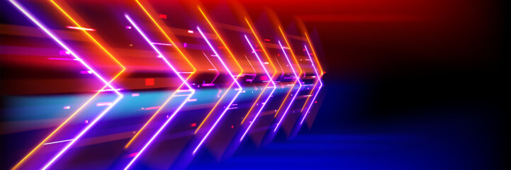 Futuristic neon glowing arrows moving at high speed, dynamic motion trail effect. Vivid shiny lines boost concept, abstract technology background with light strips. vibrant cyberpunk illustration. © klyaksun
