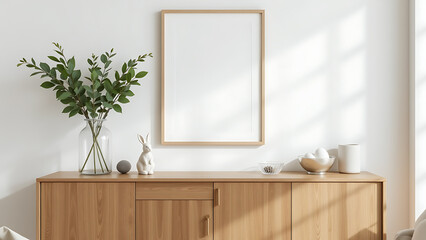 A minimalist Easter living room interior featuring a mock up poster frame above a wooden sideboard, adorned with a glass vase filled with fresh green leaves, an Easter bunny sculpture, a glass bowl