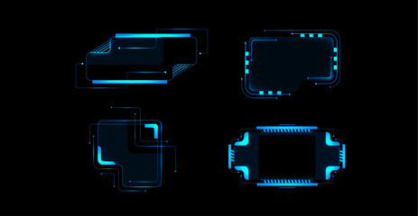 Cyberpunk hud frames and panels with futuristic neon blue glow. Geometric shapes form hi tech screens, displaying lines and squares. Rectangular elements for sci fi game interfaces and dashboards. © klyaksun