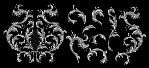Vector set of silver vintage floral elements. Luxury metal collection of floral flourish isolated from black background. Gothic filigree floral cliparts for cards and stickers