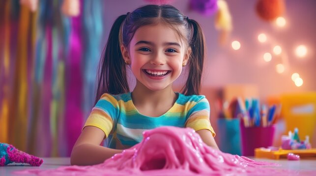 Cheerful child is laughing while playing with yellow slime, enjoying a fun sensory activity at home