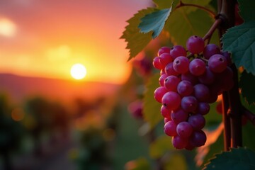 Crimson grapevine ablaze at sunset, clusters of ripe fruit gleam , yellow, ripe