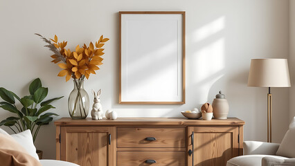 A cozy Easter living room composition with a mock up poster frame as the focal point above a rustic wooden sideboard, styled with a glass vase of vibrant leaves, an Easter bunny sculpture