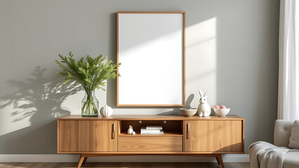 A stylish Easter inspired living room featuring a mock up poster frame above a minimalist wooden sideboard, adorned with a glass vase of fresh greenery, an Easter bunny figurine, a glass bowl